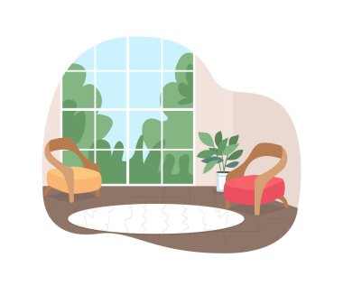 Ev içi 2D vektör pankartı, poster. Mobilyalı bir ev. Çizgi film arka planında modern oturma odası düz manzarası. Rahat basılabilir yama, renkli web ögesi