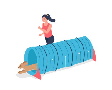 Yarışma için köpeğiyle koşan kadın düz renk vektörü ayrıntılı karakter. Hayvan yarışması için boru. Evcil hayvan eğitimi web grafik tasarımı ve animasyonu için izole edilmiş çizgi film çizimi