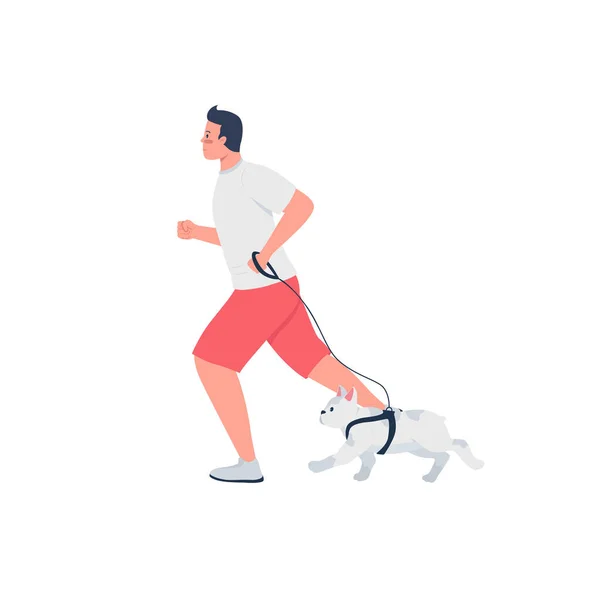 stock vector Man running with dog on leash flat color vector detailed character. Owner jogging with french bulldog. Active lifestyle isolated cartoon illustration for web graphic design and animation