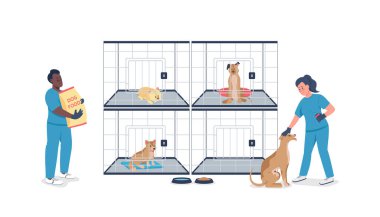 Kafesteki köpekli veteriner düz renk vektör detaylı karakterler. Erkek ve kadın yavru köpekleri besler. Hayvan bakım organizasyonu web grafik tasarımı ve animasyonu için izole edilmiş çizgi film çizimi