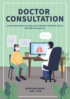 Doctor consultation poster flat vector template. Pulmonary disease. Patient in general practitioner office. Brochure, booklet one page concept design with cartoon characters. Healthcare flyer, leaflet clipart