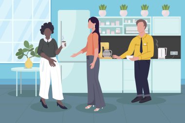 İş yerinde kahve molası düz renk vektör çizimi. Şirket mutfağı. İş arkadaşları öğle arasında sohbet ediyorlar. İçkili iş arkadaşları. Arka planda şirket kafeteryası olan 2D çizgi film karakterleri.