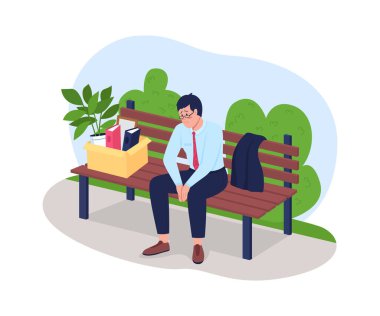 2D vektör web afişinde oturan sinirli kovulmuş adam, poster. İşten çıkarılma. Çizgi film arka planında depresif, işsiz, düz karakter. İşsizlik yazdırılabilir yaması, renkli web ögesi