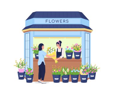 Çiçekçi müşteri düz renk vektörüne çiçek satıyor. Detaylı karakter. Romantik hediyeler alıyorum. Buket büfedeki kadınlar, web grafik tasarımı ve animasyonu için karikatür çizimlerini izole ettiler
