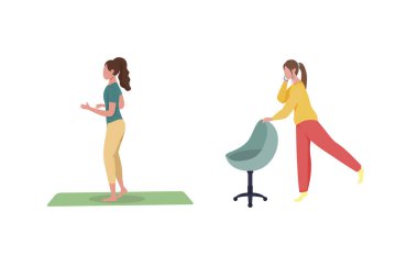 Düz renk vektör yüzsüz karakter kümesi üzerinde çalışan serbest çalışan bir kadın. Telefonda kız kıza konuşuyoruz. Web grafik tasarımı ve animasyon koleksiyonu için izole çizgi film çizimi yapan kadın