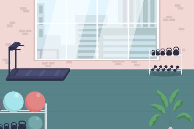 Ofis spor salonu düz renk vektör çizimi. Dambıllar ve koşu bandı, iş molası için şirket alanı. Egzersiz, egzersiz yeri. Spor ekipmanlı bir oda. Arka planda pencere olan 2D karikatür.