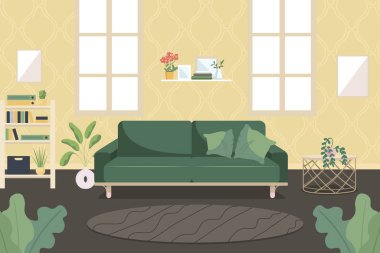 Oturma odası düz renk vektör çizimi. Rahat kanepesi olan modern bir daire. Kitap raflarının yanındaki kanepe. Mobilyalarla dolu. Arka planda pencereleri olan 2D modern ev yapımı karikatür.
