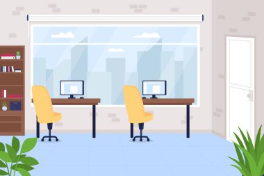 Ofis çalışma alanı düz renk vektör çizimi. İş pozisyonu, şirkette çalışmak. Şirket alanı. Bilgisayarlar masada. Pazarlama ekibi için işyeri 2B karikatür iç mimarisi ve mobilya arka planda