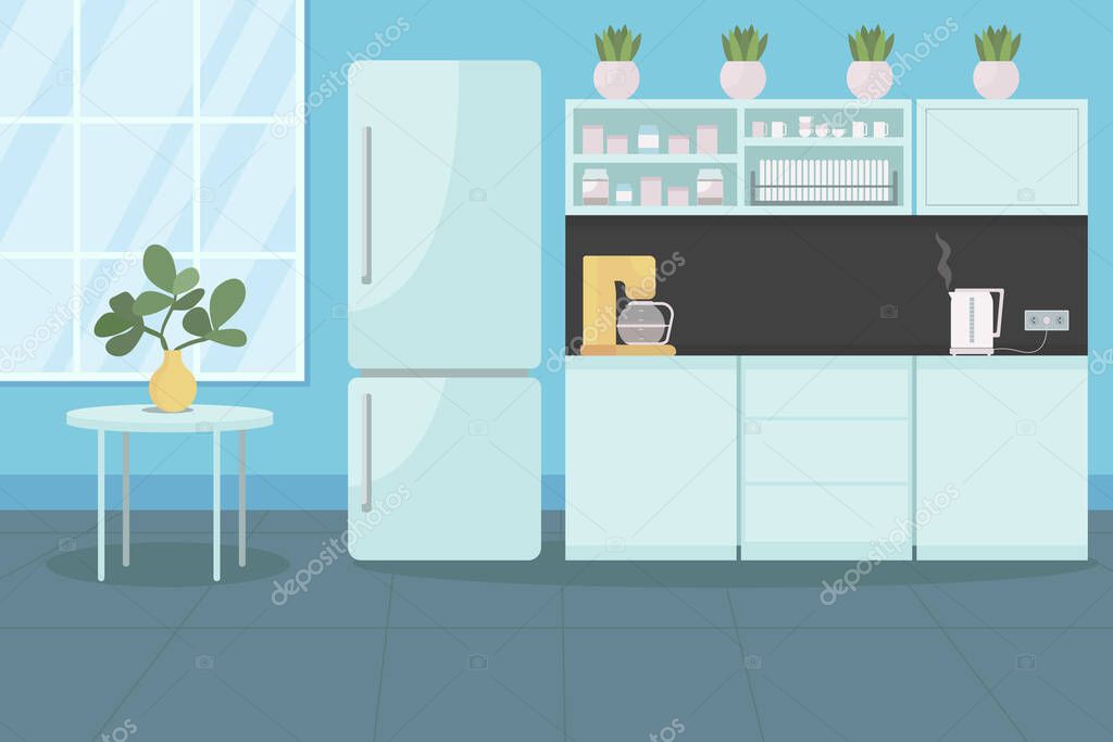 Corporate canteen flat color vector illustration. Coffee break at work. Fridge and coffee machine on cabinet. Room for employees. Workplace 2D cartoon interior with furniture on background