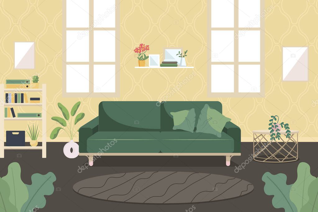 Living room flat color vector illustration. Modern apartment with comfortable couch. Sofa near bookshelves. Home with furniture. Contemporary household 2D cartoon interior with windows on background