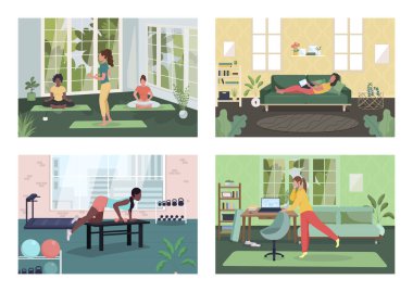 Çalışan sağlıklı yaşam tarzı düz renk vektör çizimi seti. Dizüstü bilgisayarı olan serbest çalışan bir kadın. Meditasyon dersi. Ofis salonu. Arka plan koleksiyonu olan 2D kadın çizgi film karakterleri