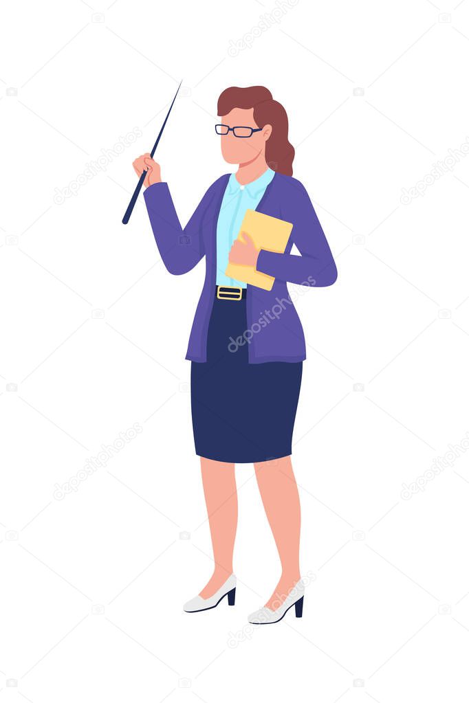 Caucasian female teacher flat color vector faceless character. Teaching class in school. University tutor. Essential worker isolated cartoon illustration for web graphic design and animation