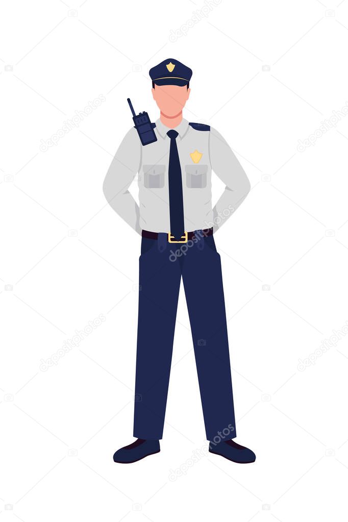Police officer flat color vector faceless character. Policeman in uniform. Patrol guard. Law enforcement. Essential worker isolated cartoon illustration for web graphic design and animation