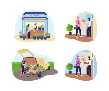 Çiçek teslimat servisi 2D vektör web pankartı, poster seti. Maskeli bir kurye, karikatür arka planında düz karakterli bir kadın. Çiçekçi iş basılabilir yaması, renkli web ögesi koleksiyonu