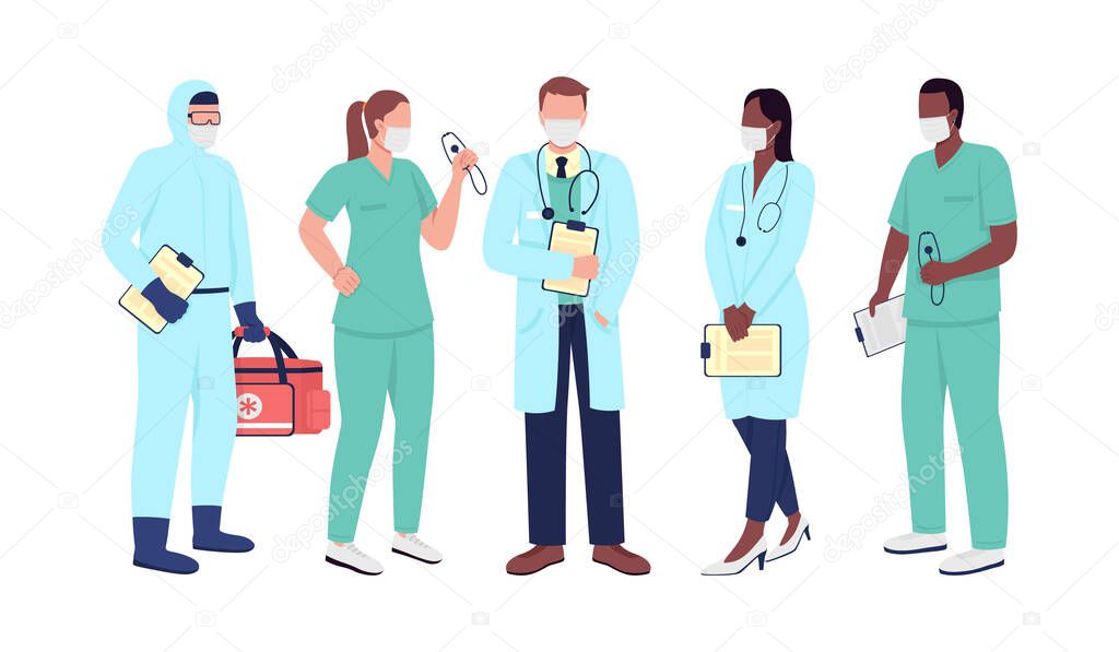 Healthcare workers flat color vector faceless character set. Medical service staff. Doctor in medical mask. Essential work isolated cartoon illustration for web graphic design and animation collection