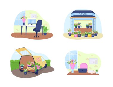 Buket teslimatı 2D vektör pankartı, poster seti. Çiçekçi, büfe, karikatür arka planında kurye minibüsü manzarası. Vazolarda romantik çiçekler basılabilir yama, renkli web ögesi koleksiyonu