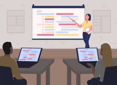 Düz renk vektör çizimi programlanıyor. Projektör ekranında seminer bilgileri. Profesyonel eğitim. Kodlama öğrencileri, arka planda sınıf içi olan öğretmen 2D çizgi film karakterleri