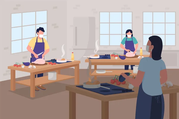 ソーシャルディスタンスフラットカラーベクトルイラスト中の料理教室 調理技術を学ぶ 料理ワークショップ参加者カフェスペースを背景にした2D漫画のキャラクター — ストックベクタ