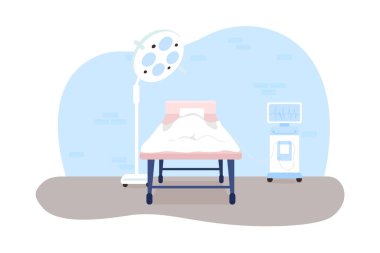 Ameliyat odası 2D vektör pankartı, poster. Sağlık hizmetleri. Klinik yatak, tıbbi tedavi. Çizgi film arka planında hastane içi düz sahne. İlaç yazdırılabilir yama, renkli web ögesi
