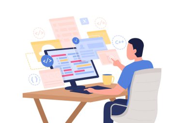 Çevrimiçi programlama kursu düz konsept vektör çizimi. Bilgisayar mühendisi. Web tasarımı için erkek programcı 2D çizgi film karakteri. İnternet yaratıcı fikri yoluyla profesyonel eğitim