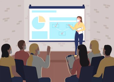 Salgın sırasında güvenli iş etkinliği düz renk vektör çizimi. Profesyonel pazarlama eğitimi. Yüz maskeli iş adamları arka planda ofis içi olan 2D çizgi film karakterleri