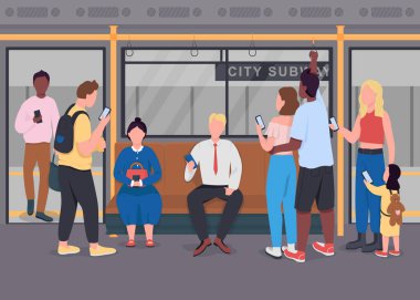 Halka açık düz renk vektör çizimi. Cep telefonundaki insanlar. Erkekler ve kadınlar iletişim kuruyor. Metro arka planında 2D karikatür karakterleri olan yeraltı treni yolcuları.