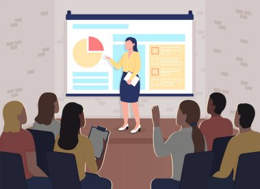 İş konferansı düz renk vektör illüstrasyonu. Pazarlama eğitimi. Koç, projektör ekranının yanında. Çalışma seminerindeki çalışanlar arka planda kurumsal ofis iç mimarisi olan 2D çizgi film karakterleri