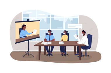 Salgın 2D vektör web afişi sırasında sanal iş toplantısı, poster. Profesyonel seminer. İş adamları çizgi film arka planında düz karakterler. Ofis işi yazdırılabilir yama, renkli web ögesi