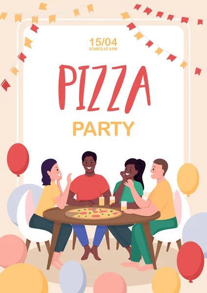 Pizza Partisi Poster Düz Vektör Şablonu Arkadaşlar Birlikte Vakit Geçiriyorlar — Stok Vektör