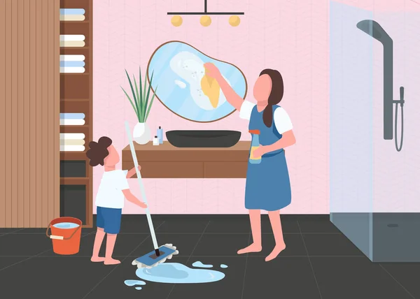 春季清洁在浴室的平面彩色矢量插图 孩子们在洗衣房女人擦镜子 料理家务 母亲和儿子2D卡通角色 背景为浴室内部 — 图库矢量图片