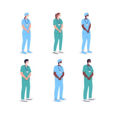 Çok kültürlü doktorlar düz renk vektörü, yüzsüz karakter seti. Profesyonel hekimler. Erkek ve kadın hemşireler web grafik tasarımı ve animasyon koleksiyonu için karikatür çizimlerini izole ettiler
