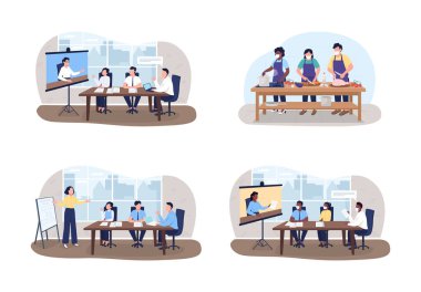 Seminerler ve atölyeler 2D vektör web pankartı, poster seti. Özel öğretmenler ve öğrenciler çizgi film arkaplanındaki düz karakterler. Profesyonel eğitim yazılabilir yaması, renkli web ögesi koleksiyonu