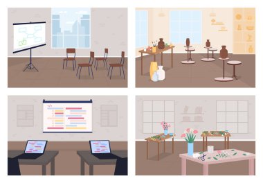 Atölyeler düz renk vektör çizimi seti. Hobi edin. İş eğitimi. Çömlek kursu. Geliştiriciler için konferans. Sınıfın 2D karikatür odası. Arka plan koleksiyonunda kimse yok.