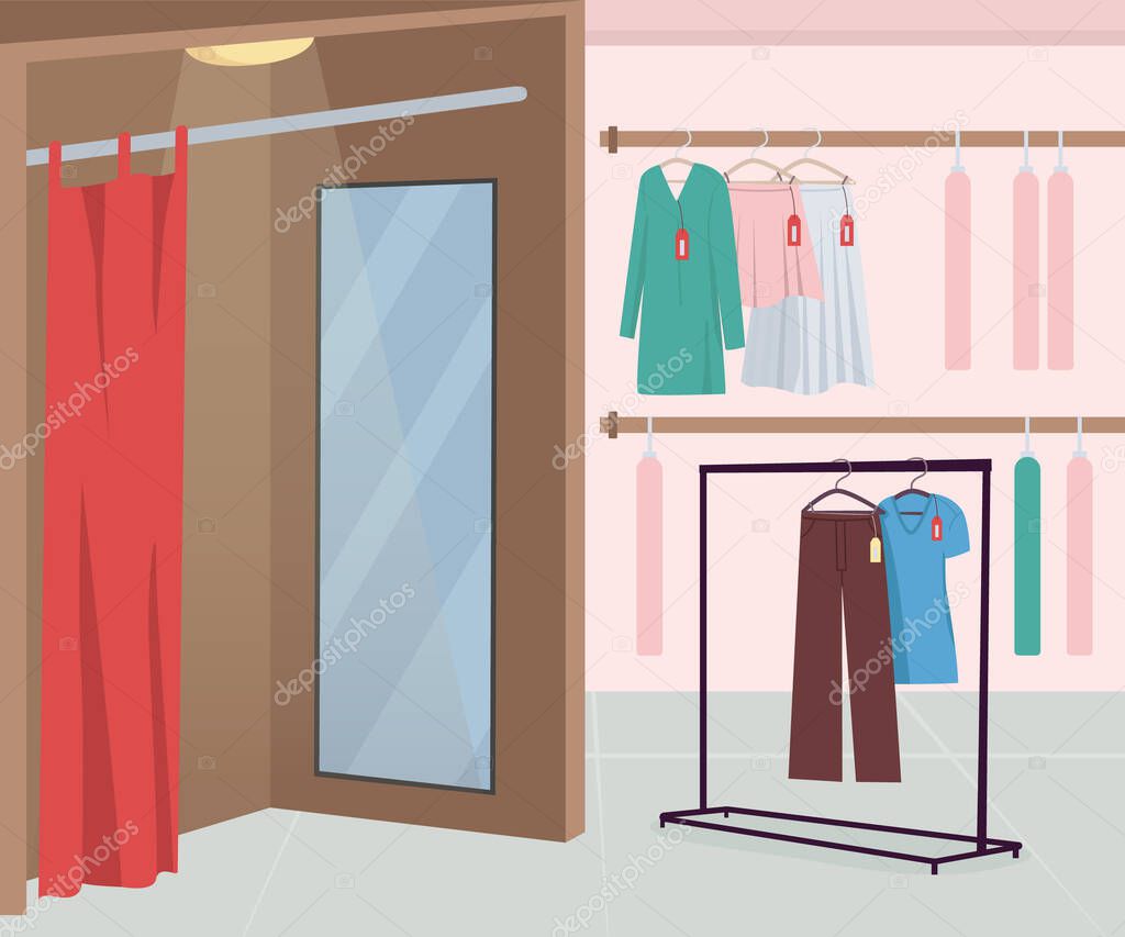 Dressing room in clothing store flat color vector illustration. Apparel for buying. Textile for sale. Retail and commerce. Fashion store 2D cartoon interior with clothes hangers on background