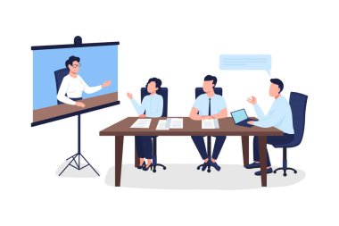 İş dünyasındaki profesyoneller düz renk vektörlü yüzsüz karakterle tanışıyor. Proje ekranında özel ders. Web grafik tasarımı ve animasyonu için izole edilmiş karikatür çizimi üzerine seminer