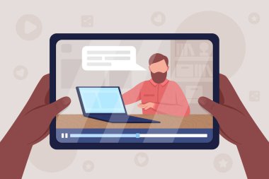 Eller tableti video düz renk vektör illüstrasyonunu açarak tutsun. Teknolojiyi izle. Çevrimiçi öğretmen 2D karikatür karakteri ve arka planda elektronik atölyesi