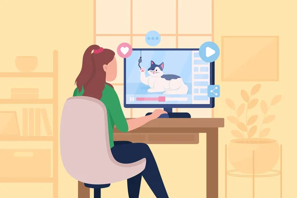 Assistir Vídeos Engraçados Gato Viral Ilustração Vetorial Cor Plana Transmissão — Vetor de Stock