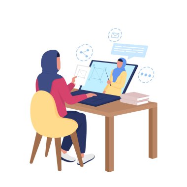 Matematiğin düz renk vektörü yüzsüz karakteri üzerine uzaktan ders izleyen Arap kız. Web grafik tasarımı ve animasyonu için izole edilmiş çizgi film çizimi öğrenmek için internet kursu