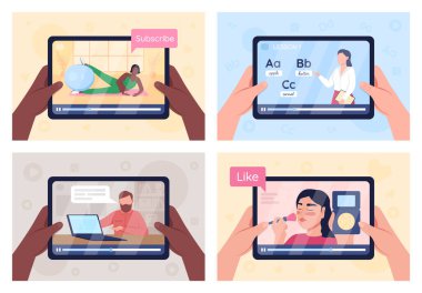 Tablet ekrandaki çevrimiçi öğretim programları düz renk çizimi seti. İnternet eğitimi dersi. E öğreniyor. Hobi edin. Uzaktan öğretmenler, arka planda atölyesi olan 2D çizgi film karakterleri.