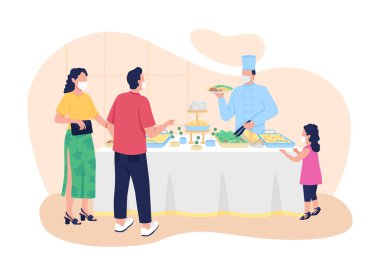 Açık büfe tarzı restoran 2D vektör web afişi, poster. Yemek seçiyor, çizgi film arka planında düz karakterler içiyor. Yemek servisi. Akşam yemeği partisi. Stand-up yemek yazdırılabilir yama, renkli web ögesi