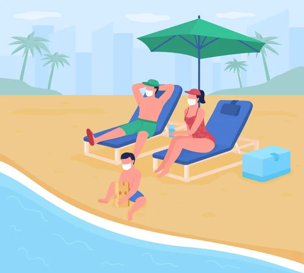 新しい安全規格フラットカラーベクトルイラストとビーチ休暇 マスク日光浴をしている家族 島とビーチの目的地背景に砂のビーチと2D漫画の顔のない文字 — ストックベクタ