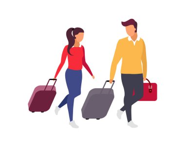 Romantik çift düz renk vektörlü yüzsüz karakterlerle seyahat eder. Hafta sonu kaçamağı. Kız arkadaşı ve erkek arkadaşı, web grafik tasarımı ve animasyonu için karikatür çizimine gidiyor.