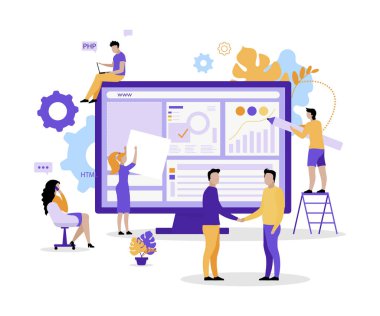 Web geliştirme takımı düz konsept vektör çizimi. Tasarımcılar, proje yöneticileri web tasarımı için 2D çizgi film karakterleri. Ürün kalitesini destekliyorum. HTML yaratıcı fikri ile web sayfaları oluşturuluyor