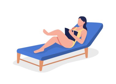Plaj düz renk vektörü yüzsüz karakteri üzerine kitap okuyor. Stres giderici aktivite. Ağ grafik tasarımı ve animasyonu için izole edilmiş karikatür çizimleriyle dışarıda zaman geçirmek ve güneşlenmek