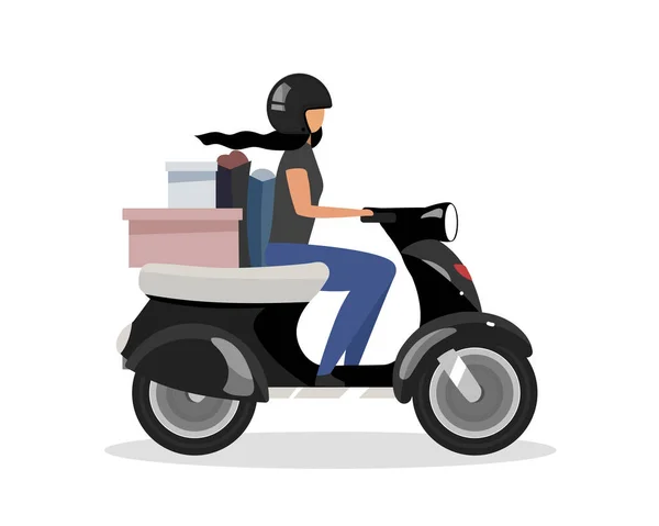 驾驶的滑板车与货物束平色矢量无脸字符 摩托车公路旅行 妇女骑摩托车为网页平面设计和动画作孤立的卡通画 — 图库矢量图片