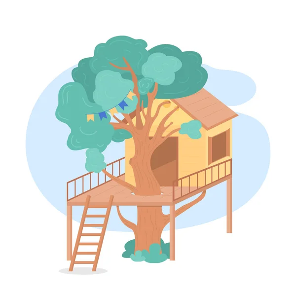 Árbol Casa Vector Web Banner Cartel Niños Playhouse Objeto Plano — Vector de stock