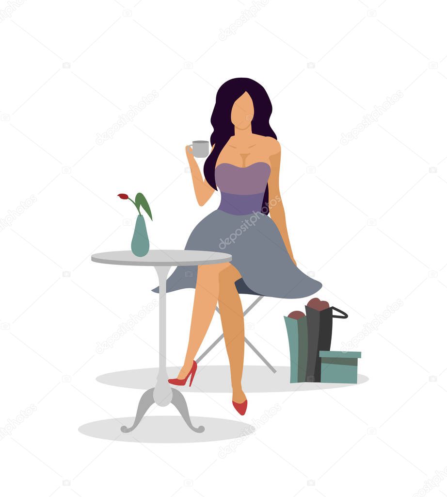 Relax in cafe after shopping flat color vector faceless character. Restaurant terrace. Carefree life. Coffeehouse. Local coffee place isolated cartoon illustration for web graphic design and animation