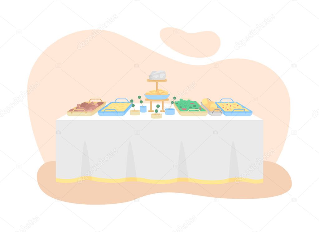 Serving salads and appetizers for dinner 2D vector web banner, poster. All-you-can-eat food flat object on cartoon background. Drink, snack station. Buffet lunch printable patch, colorful web element