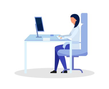 Doktor ofisi düz renk vektörü yüzsüz karakter. Pratisyen hekim. Web grafik tasarımı ve animasyonu için izole çizgi film çizimleri alan ve tedavi eden hastalar için yer