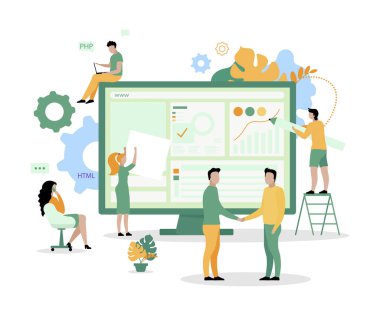 Web sitesi geliştirme ekibi düz konsept vektör çizimi. Web tasarımı için bilgisayar yazılımı 2D çizgi film karakterleri yazılıyor. İşbirliği. Web geliştiricileri. İnsan kaynakları yaratıcı fikir